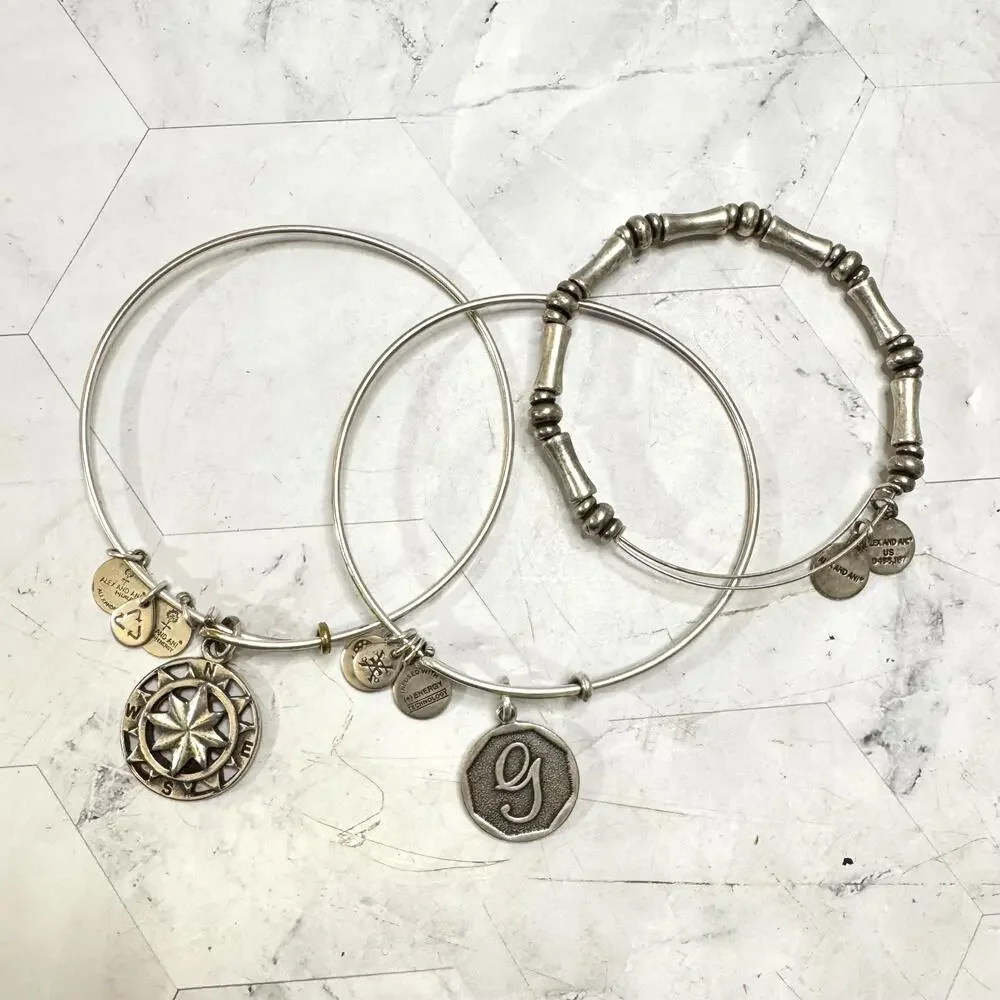Alex And Ani Charm Bracelets Silver Tone Compass G Initial Bamboo Link Lot of 3